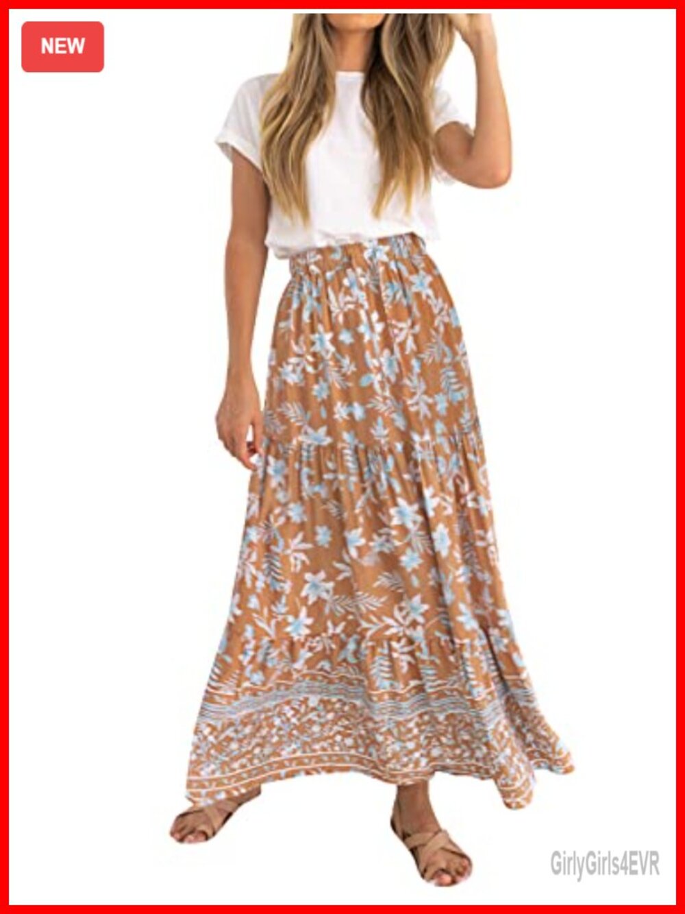 Bohemian Floral Elastic Waist A Line Maxi Skirt Ruffled Hem